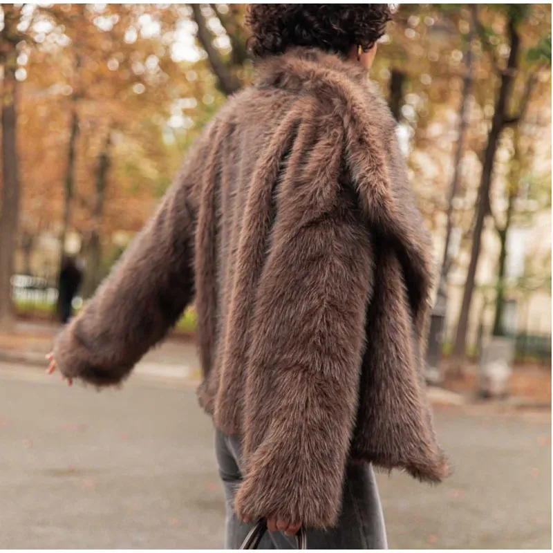 Women's Dark Brown Faux Fur Long Overcoat Single Breasted Fleece Long Trench Coat Winter Fluffy Plush Warm New Thicken Outerwear