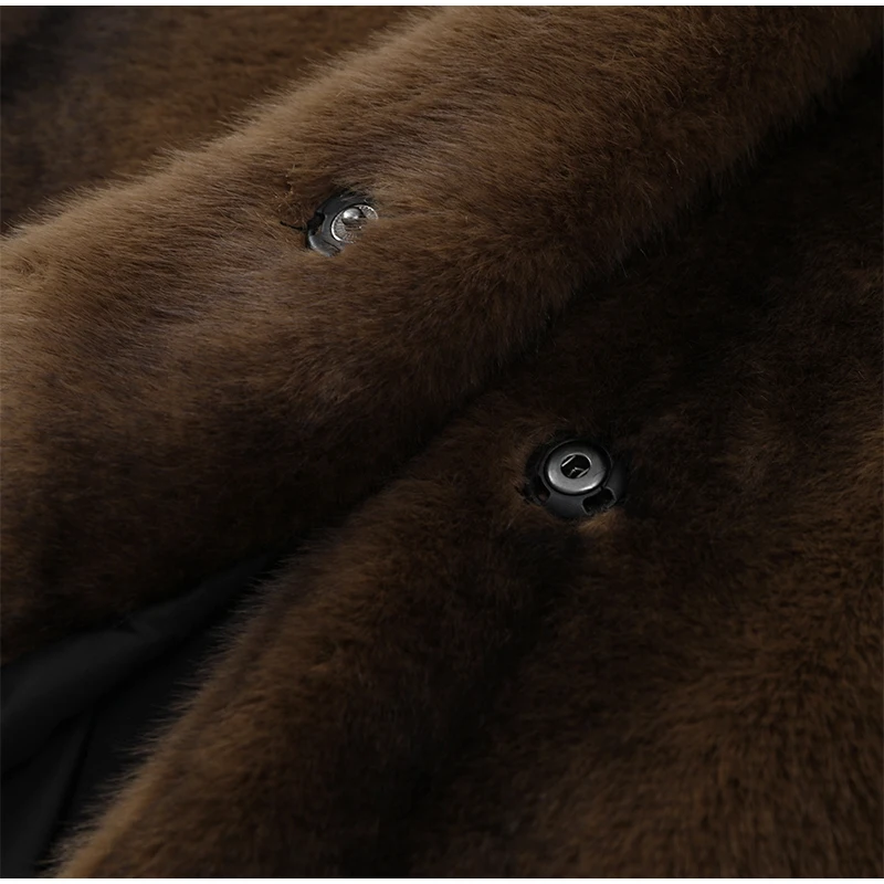 Women's Dark Brown Faux Fur Long Overcoat Single Breasted Fleece Long Trench Coat Winter Fluffy Plush Warm New Thicken Outerwear