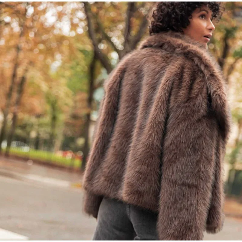 Women's Dark Brown Faux Fur Long Overcoat Single Breasted Fleece Long Trench Coat Winter Fluffy Plush Warm New Thicken Outerwear