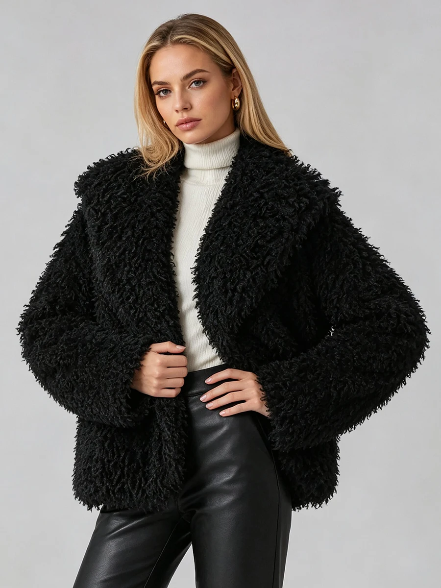LIMO Women Shaggy Faux Fur Wide Lapel  Long Sleeve Cropped Fluffy Warm Winter Loose Streetwear Fashion Outer Coat