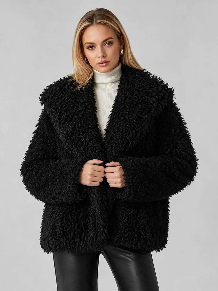 LIMO Women Shaggy Faux Fur Wide Lapel  Long Sleeve Cropped Fluffy Warm Winter Loose Streetwear Fashion Outer Coat