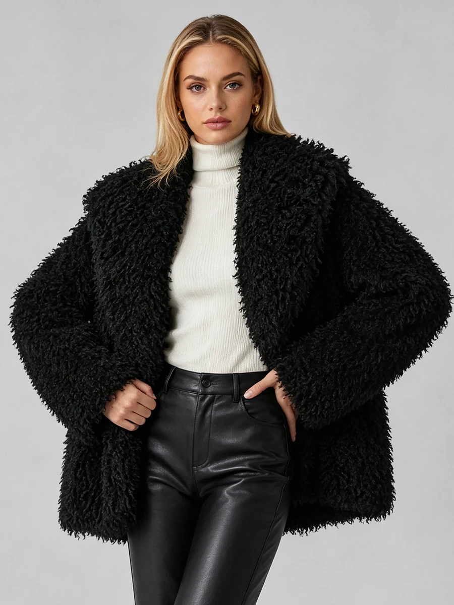 LIMO Women Shaggy Faux Fur Wide Lapel  Long Sleeve Cropped Fluffy Warm Winter Loose Streetwear Fashion Outer Coat