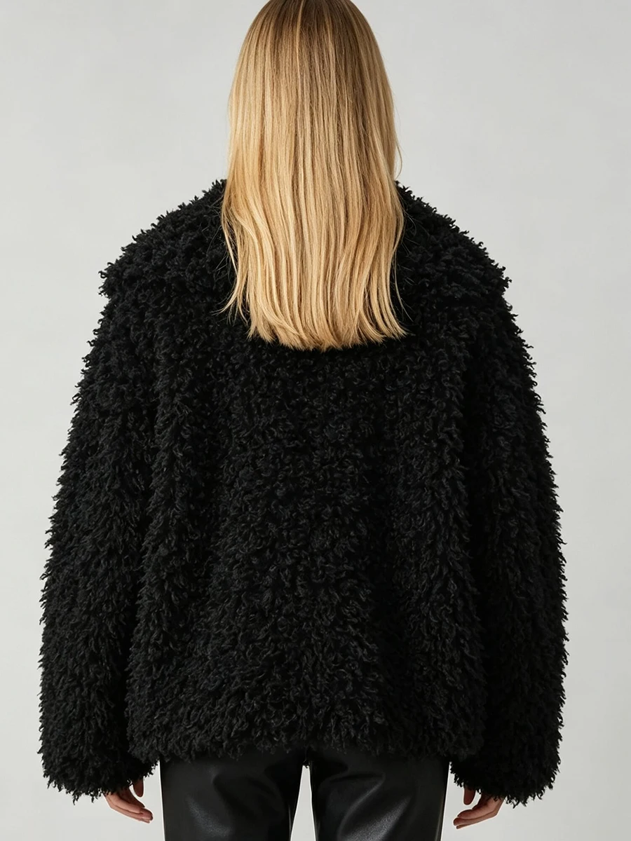 LIMO Women Shaggy Faux Fur Wide Lapel  Long Sleeve Cropped Fluffy Warm Winter Loose Streetwear Fashion Outer Coat