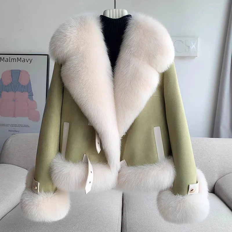 Fashion Imitation Fox Fur Grass Coat Women's Short 2026New Furry coat Woolen collar thickened warm coat for winter Fur Coat Pink