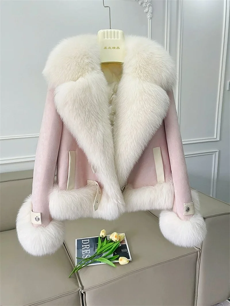 Fashion Imitation Fox Fur Grass Coat Women's Short 2026New Furry coat Woolen collar thickened warm coat for winter Fur Coat Pink