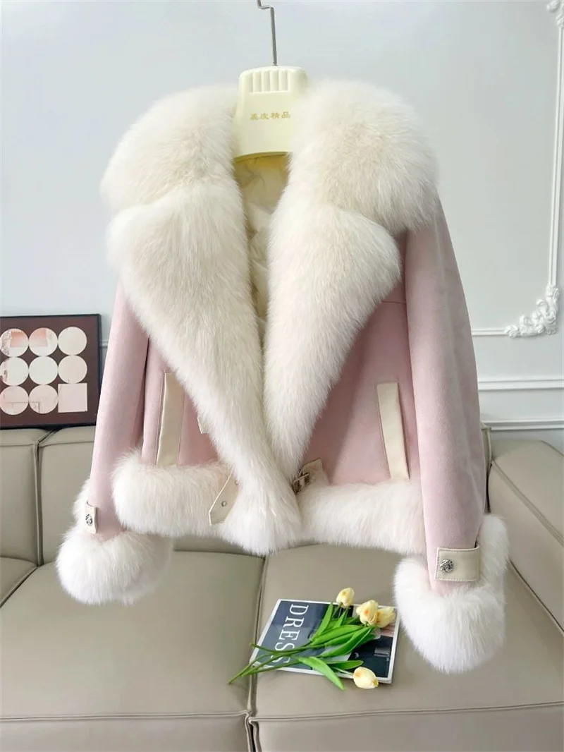 Fashion Imitation Fox Fur Grass Coat Women's Short 2026New Furry coat Woolen collar thickened warm coat for winter Fur Coat Pink