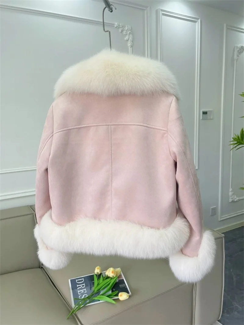 Fashion Imitation Fox Fur Grass Coat Women's Short 2026New Furry coat Woolen collar thickened warm coat for winter Fur Coat Pink