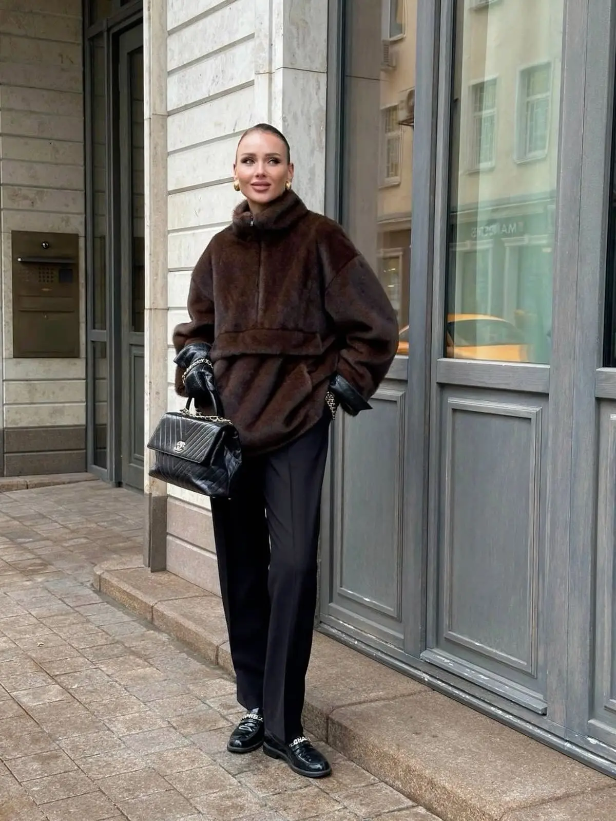 DFDG Women's Designer Street Oversized Plush Faux Fur Jacket Autumn Winter 2025 Half Zip Stand Collar Solid Color Hooded Coat