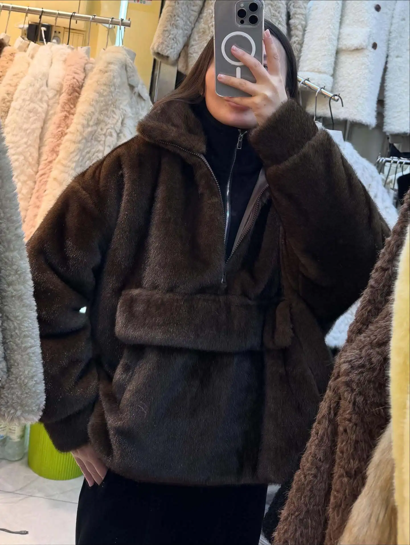 DFDG Women's Designer Street Oversized Plush Faux Fur Jacket Autumn Winter 2025 Half Zip Stand Collar Solid Color Hooded Coat