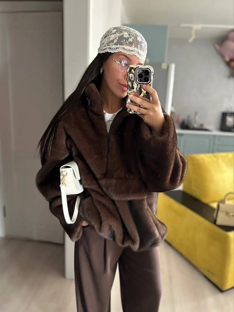 DFDG Women's Designer Street Oversized Plush Faux Fur Jacket Autumn Winter 2025 Half Zip Stand Collar Solid Color Hooded Coat