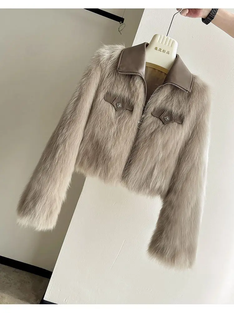 2025 New Autumn Winter Fur Coat Women's Short Lapel Imitation fox fur Long sleeved Korean version Fashion Zipper Thicken Top
