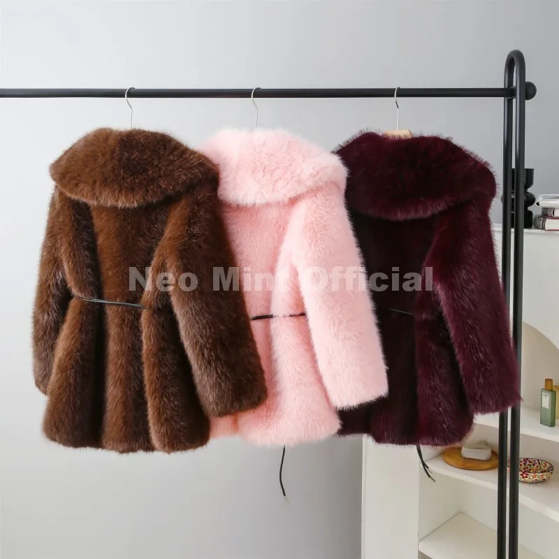Neo Mint 2025 Winter Hot Brown Belted Faux Fur Coat Women Thick Warm Long Fox Fur Jacket Chic Brand Fashion Girls Furry Overcoat