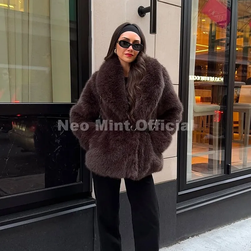 Neo Mint 2025 Winter Hot Brown Belted Faux Fur Coat Women Thick Warm Long Fox Fur Jacket Chic Brand Fashion Girls Furry Overcoat