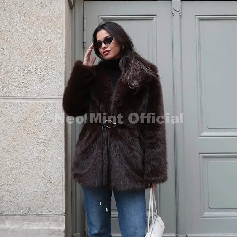 Neo Mint 2025 Winter Hot Brown Belted Faux Fur Coat Women Thick Warm Long Fox Fur Jacket Chic Brand Fashion Girls Furry Overcoat