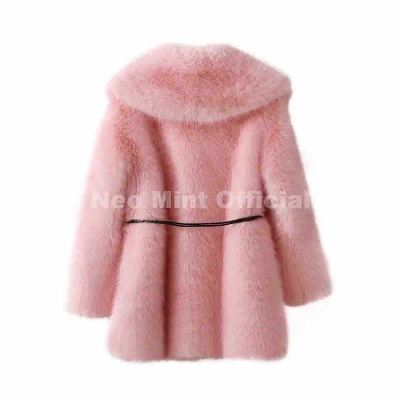 Neo Mint 2025 Winter Hot Brown Belted Faux Fur Coat Women Thick Warm Long Fox Fur Jacket Chic Brand Fashion Girls Furry Overcoat