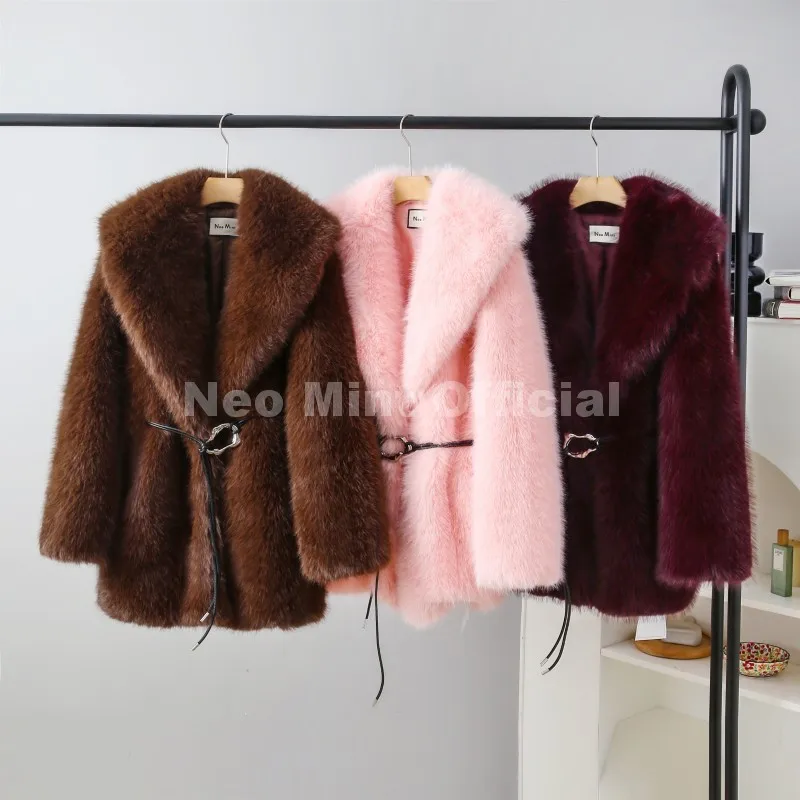 Neo Mint 2025 Winter Hot Brown Belted Faux Fur Coat Women Thick Warm Long Fox Fur Jacket Chic Brand Fashion Girls Furry Overcoat