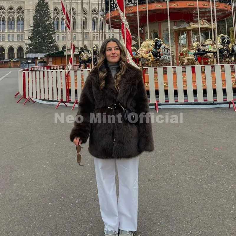 Neo Mint 2025 Winter Hot Brown Belted Faux Fur Coat Women Thick Warm Long Fox Fur Jacket Chic Brand Fashion Girls Furry Overcoat