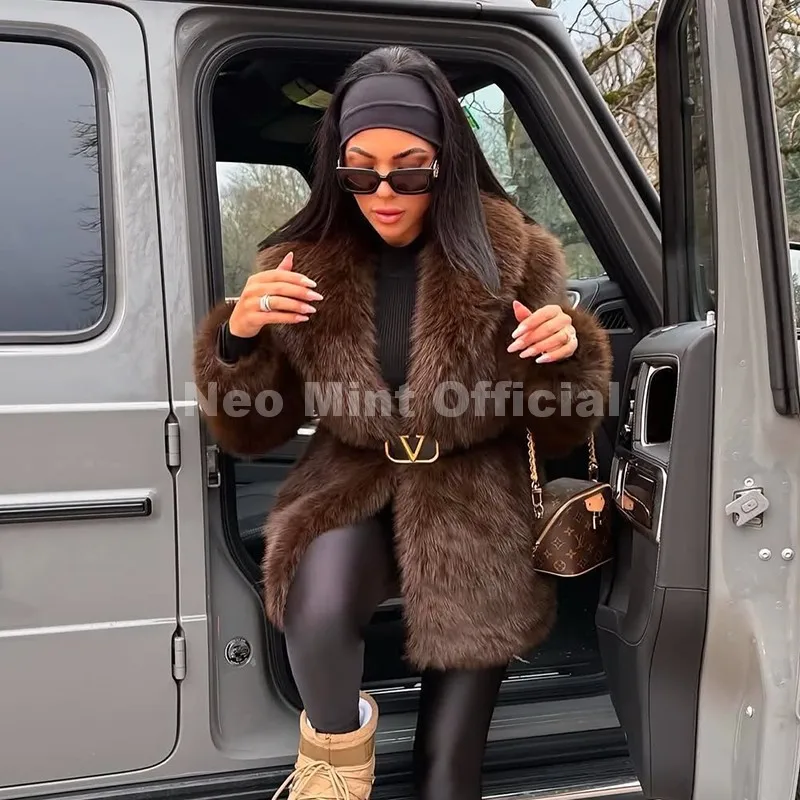 Neo Mint 2025 Winter Hot Brown Belted Faux Fur Coat Women Thick Warm Long Fox Fur Jacket Chic Brand Fashion Girls Furry Overcoat