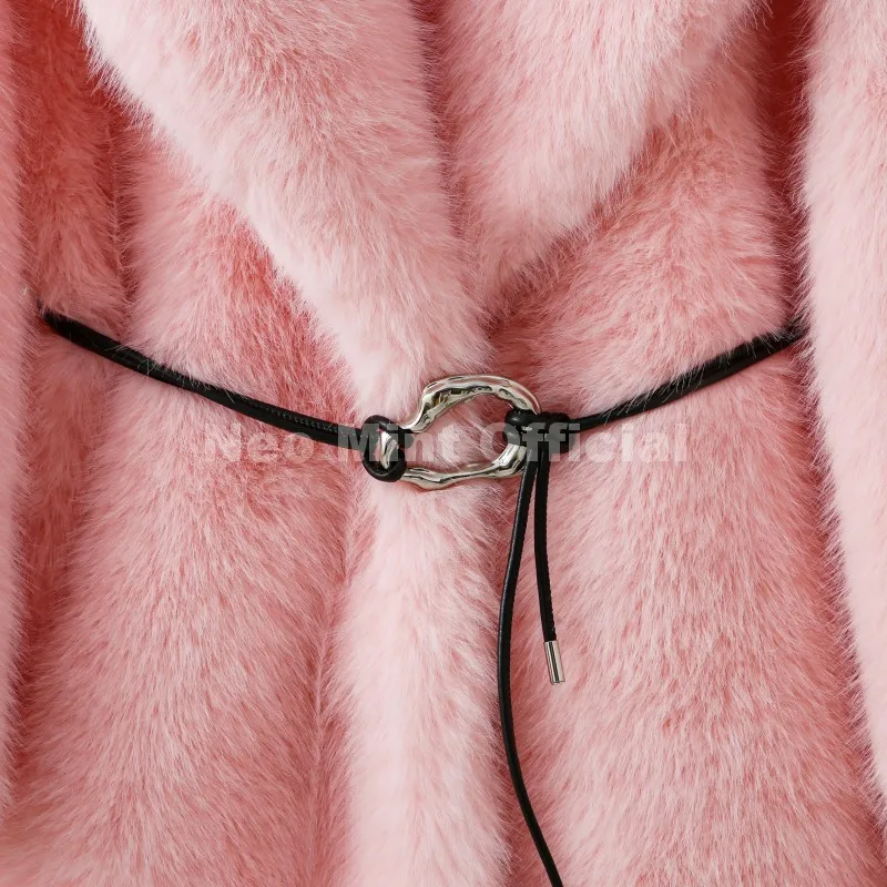 Neo Mint 2025 Winter Hot Brown Belted Faux Fur Coat Women Thick Warm Long Fox Fur Jacket Chic Brand Fashion Girls Furry Overcoat