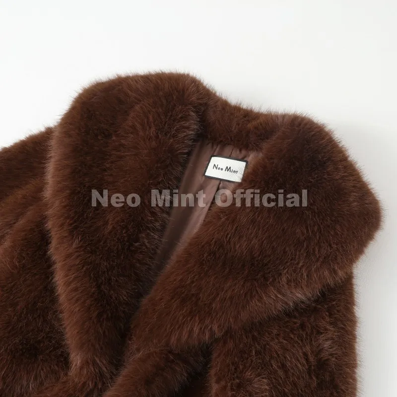 Neo Mint 2025 Winter Hot Brown Belted Faux Fur Coat Women Thick Warm Long Fox Fur Jacket Chic Brand Fashion Girls Furry Overcoat