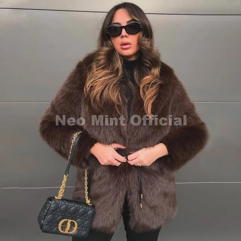 Neo Mint 2025 Winter Hot Brown Belted Faux Fur Coat Women Thick Warm Long Fox Fur Jacket Chic Brand Fashion Girls Furry Overcoat