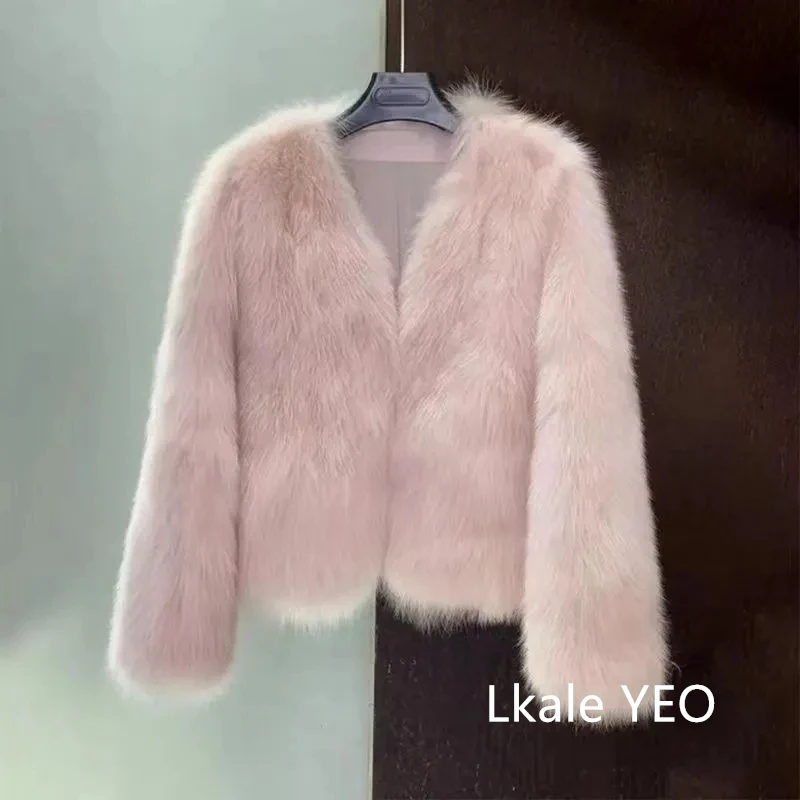 New Autumn Winter 2026 V-Neck Fashion Korean Version Female Short Fur Coat Solid Color Beautiful Be All-match Ladies Outerwear