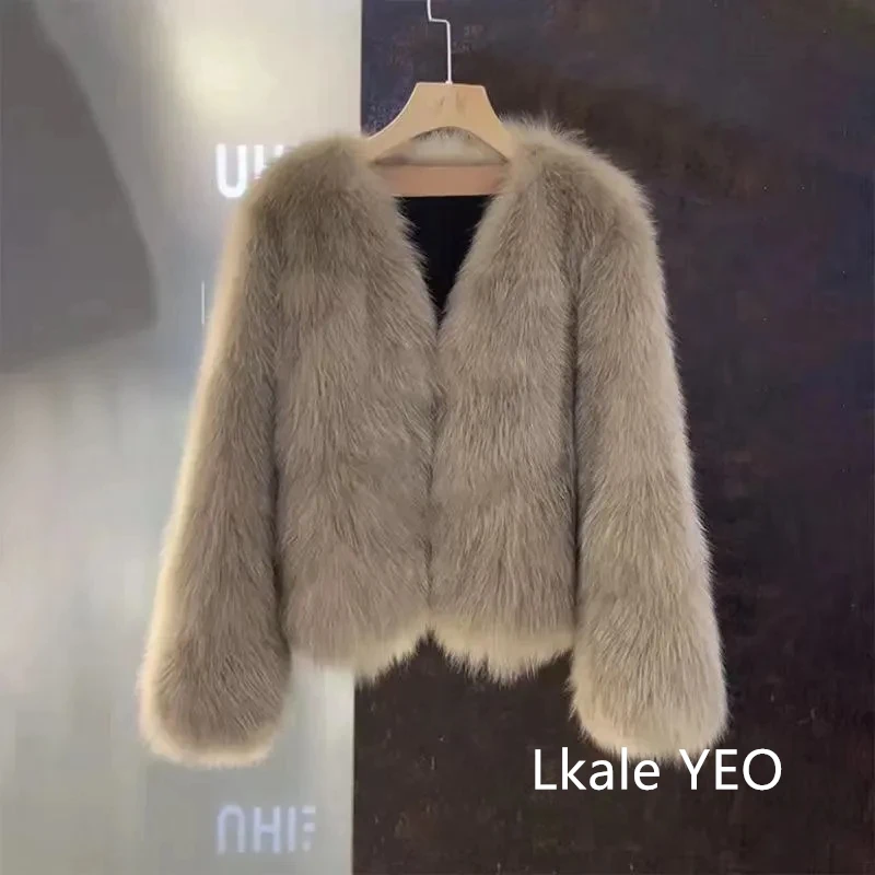 New Autumn Winter 2026 V-Neck Fashion Korean Version Female Short Fur Coat Solid Color Beautiful Be All-match Ladies Outerwear
