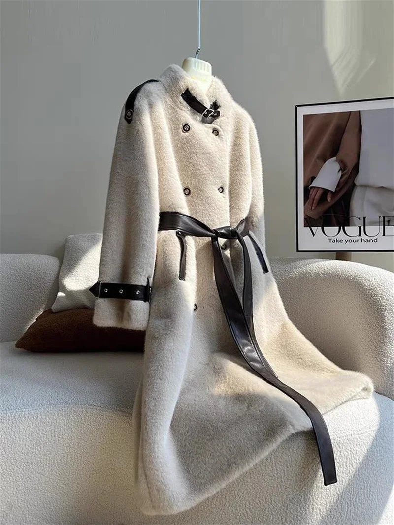 Winter Fashion High-end Temperament Long Fur Coat For Women New Double Breasted Loose Belt Thicken Warm Fur Jacket Outwear