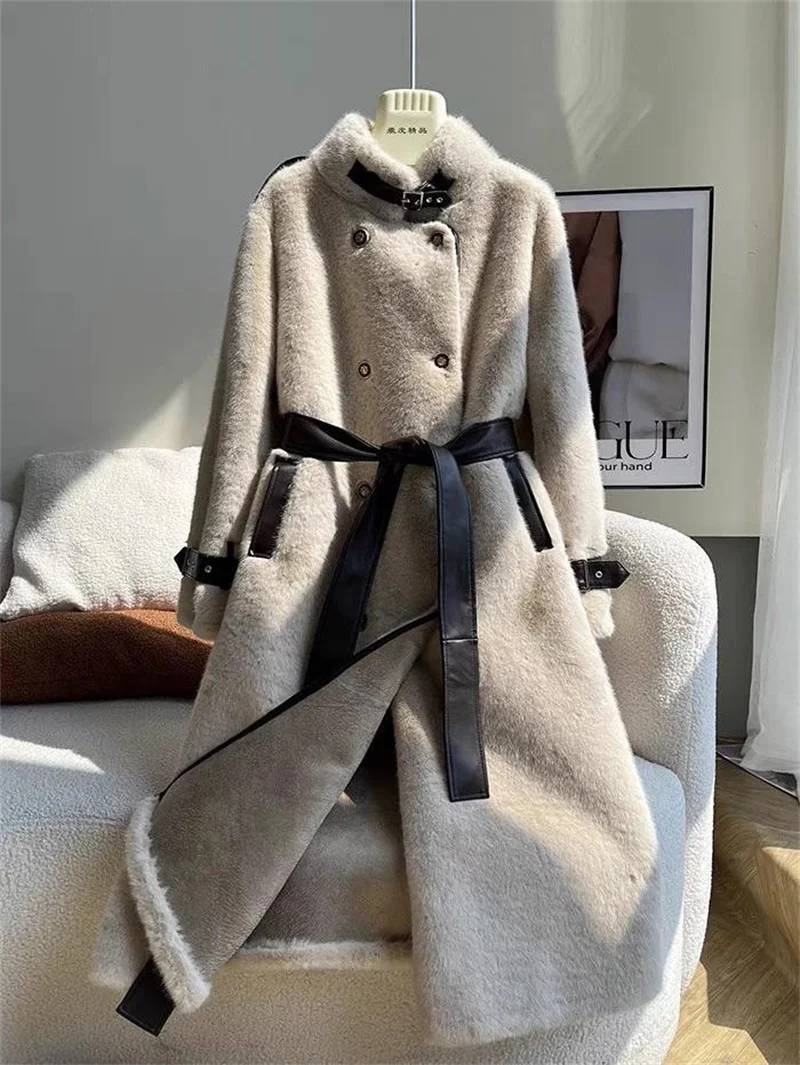Winter Fashion High-end Temperament Long Fur Coat For Women New Double Breasted Loose Belt Thicken Warm Fur Jacket Outwear
