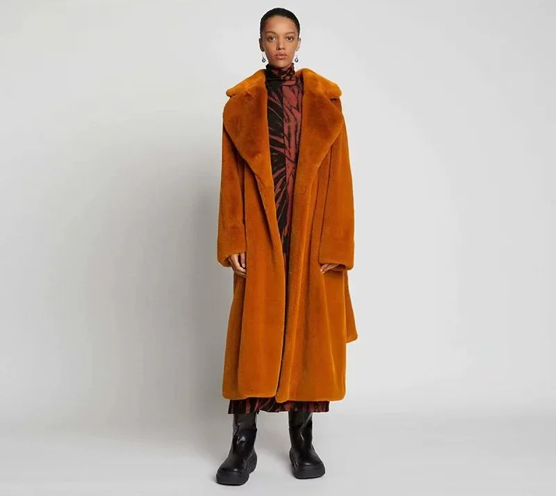 2026 Faux Fur Maxi Jacket Women Thick Belt Autumn Winter Coat Long Warm Luxury Belt Fur Black Parkas Bontjas Furry Outerwear