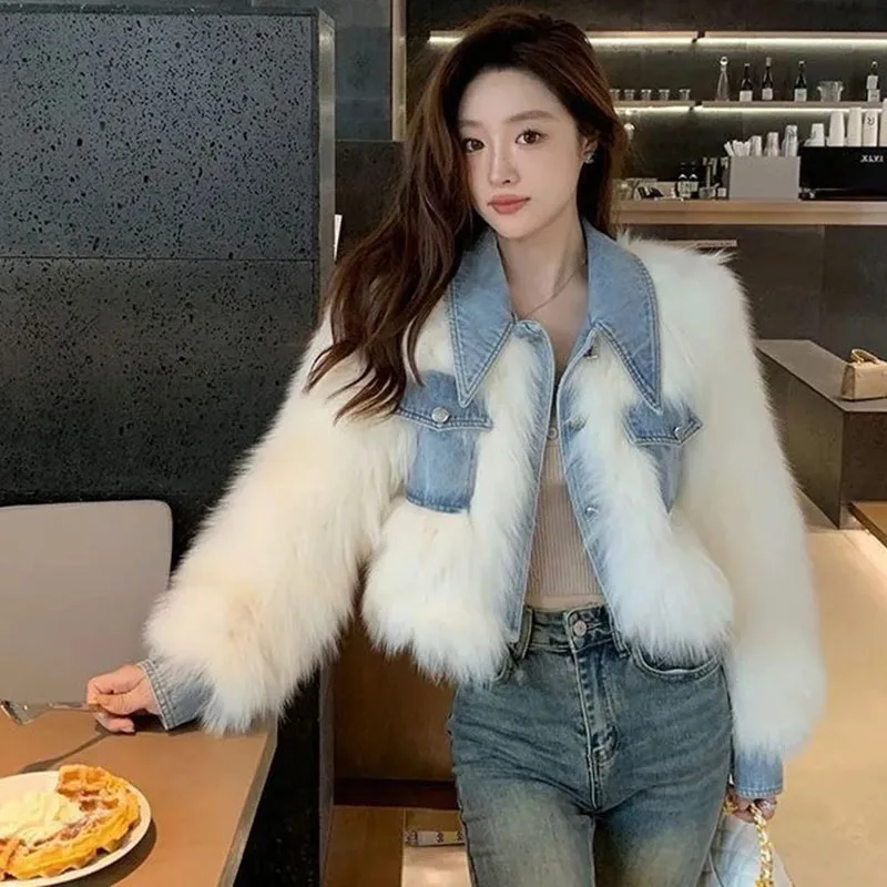 Female Cowboy Patchwork Fur Outwear Winter Ladies Fashion Faux Fur Top Coat Retro Women High End Long Sleeves Plush Jacket