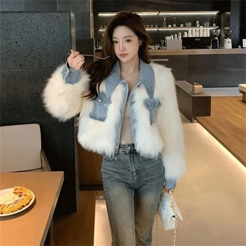 Female Cowboy Patchwork Fur Outwear Winter Ladies Fashion Faux Fur Top Coat Retro Women High End Long Sleeves Plush Jacket