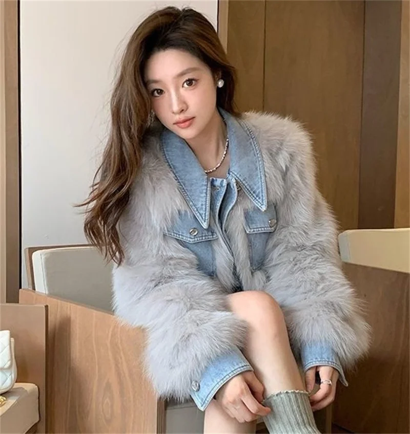 Female Cowboy Patchwork Fur Outwear Winter Ladies Fashion Faux Fur Top Coat Retro Women High End Long Sleeves Plush Jacket