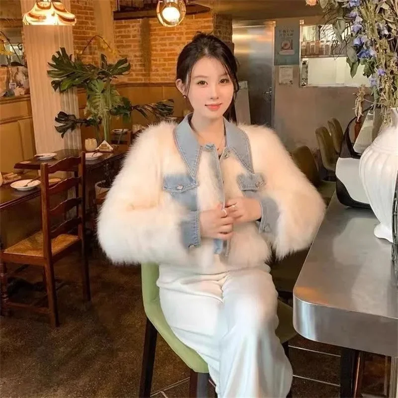 Female Cowboy Patchwork Fur Outwear Winter Ladies Fashion Faux Fur Top Coat Retro Women High End Long Sleeves Plush Jacket