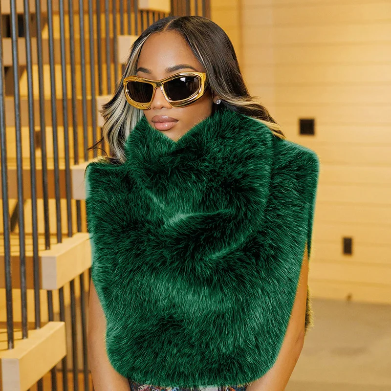 FAGADOER Winter New Fashion Fur Patchwork Bodycon Jacket Woman Green High Neck Sleeveless Crop Top Female Streetwear Clothing