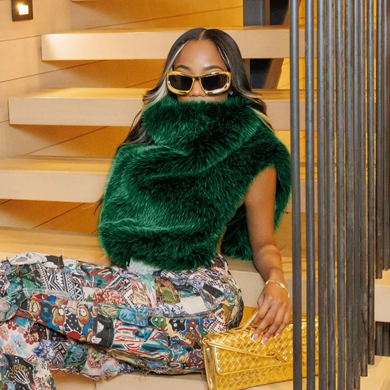 FAGADOER Winter New Fashion Fur Patchwork Bodycon Jacket Woman Green High Neck Sleeveless Crop Top Female Streetwear Clothing