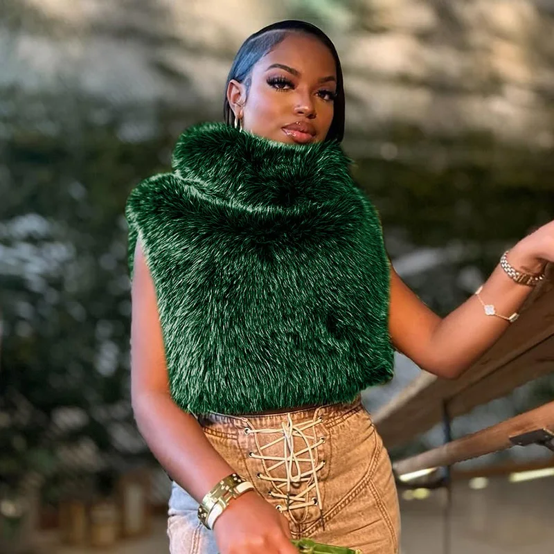 FAGADOER Winter New Fashion Fur Patchwork Bodycon Jacket Woman Green High Neck Sleeveless Crop Top Female Streetwear Clothing