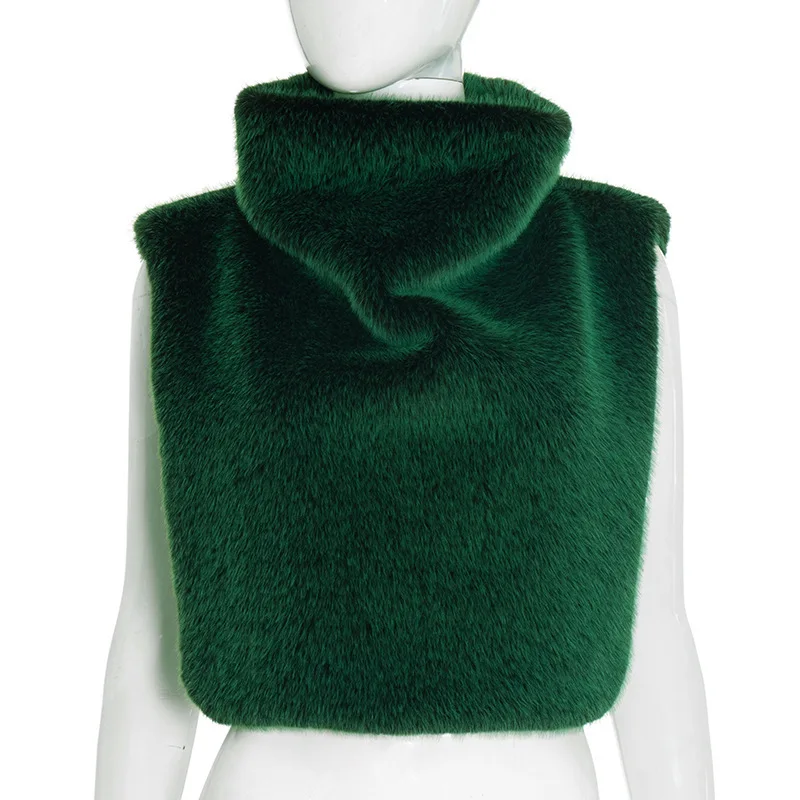FAGADOER Winter New Fashion Fur Patchwork Bodycon Jacket Woman Green High Neck Sleeveless Crop Top Female Streetwear Clothing