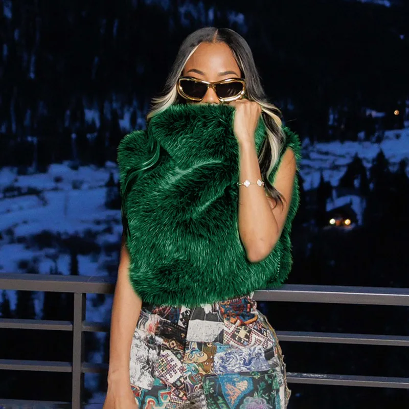 FAGADOER Winter New Fashion Fur Patchwork Bodycon Jacket Woman Green High Neck Sleeveless Crop Top Female Streetwear Clothing