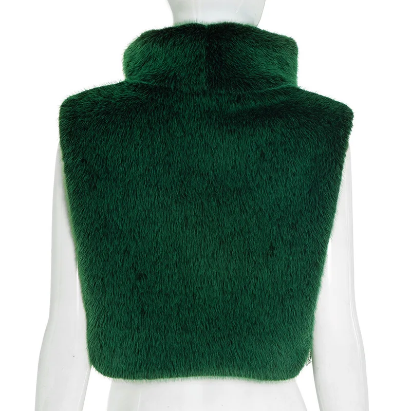 FAGADOER Winter New Fashion Fur Patchwork Bodycon Jacket Woman Green High Neck Sleeveless Crop Top Female Streetwear Clothing
