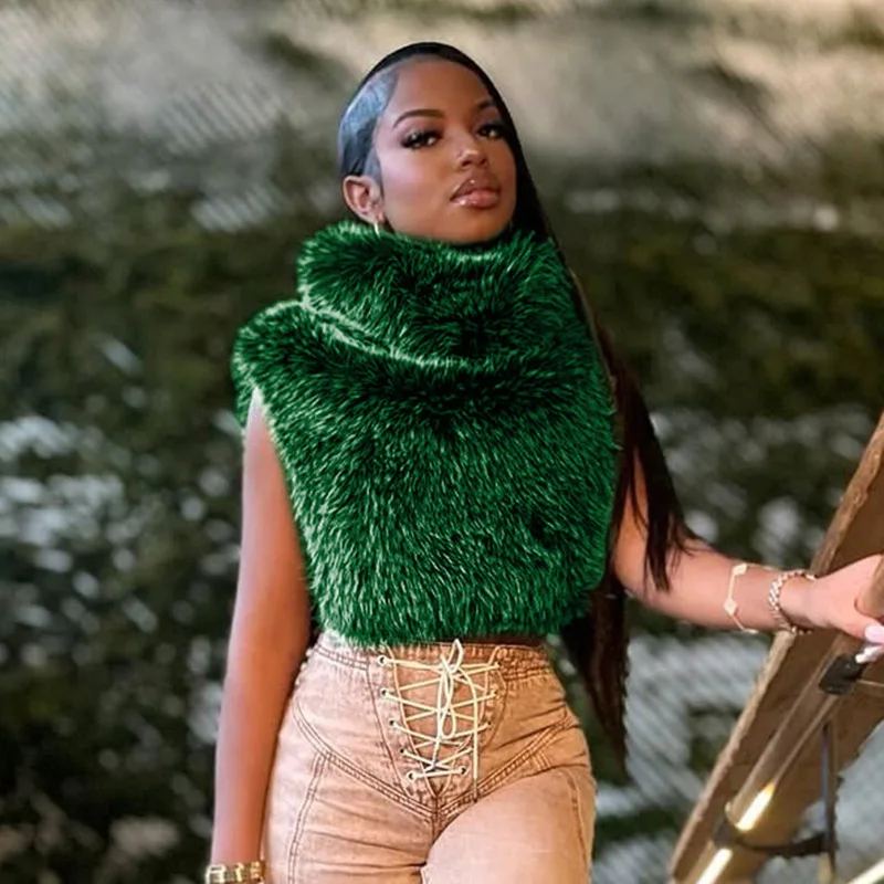 FAGADOER Winter New Fashion Fur Patchwork Bodycon Jacket Woman Green High Neck Sleeveless Crop Top Female Streetwear Clothing