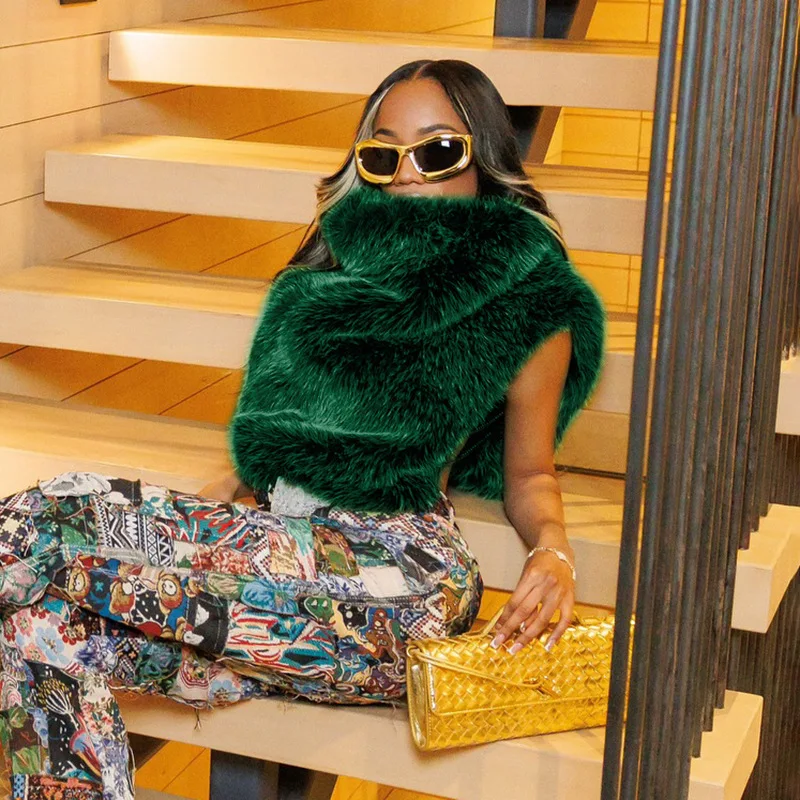 FAGADOER Winter New Fashion Fur Patchwork Bodycon Jacket Woman Green High Neck Sleeveless Crop Top Female Streetwear Clothing