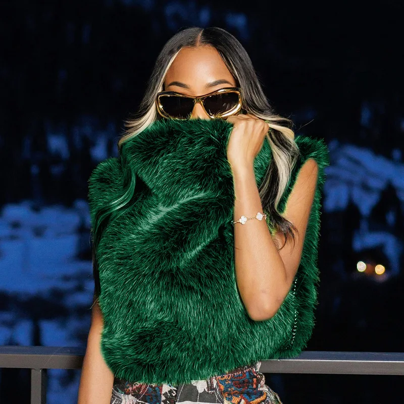 FAGADOER Winter New Fashion Fur Patchwork Bodycon Jacket Woman Green High Neck Sleeveless Crop Top Female Streetwear Clothing