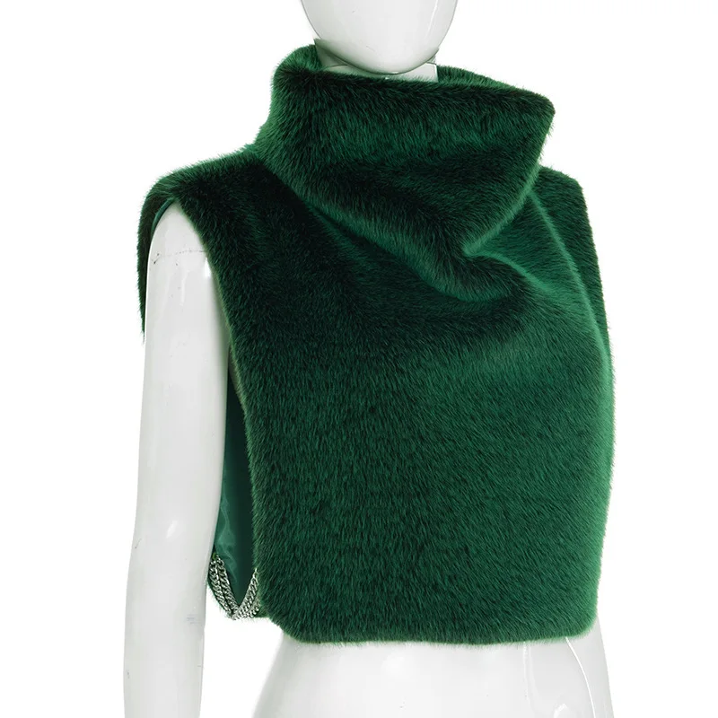 FAGADOER Winter New Fashion Fur Patchwork Bodycon Jacket Woman Green High Neck Sleeveless Crop Top Female Streetwear Clothing