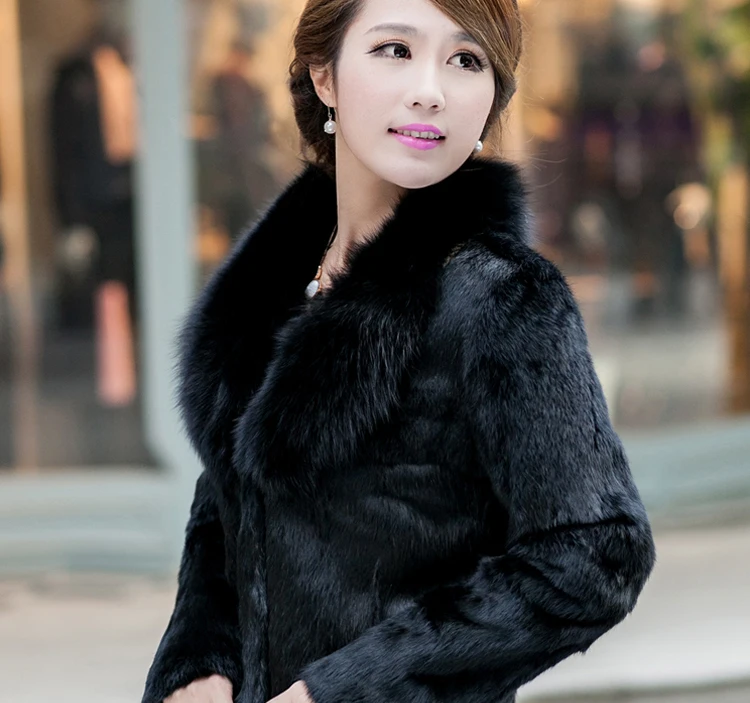 High Quality Faux Rabbit Hair Coat Women's Warm Outerwear Autumn Winter Short Faux Fox Fur Collar Coat Jacket Overcoat