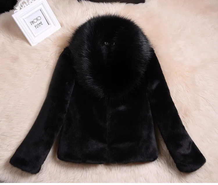 High Quality Faux Rabbit Hair Coat Women's Warm Outerwear Autumn Winter Short Faux Fox Fur Collar Coat Jacket Overcoat