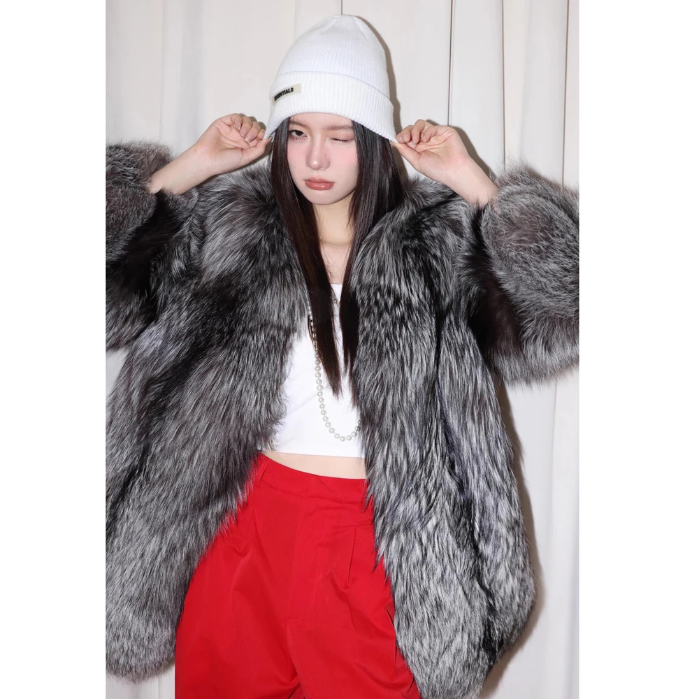 Women's fur coat Autumn-winter silver fox whole skin fox fur medium long thick long fur coat warm casual trench coat