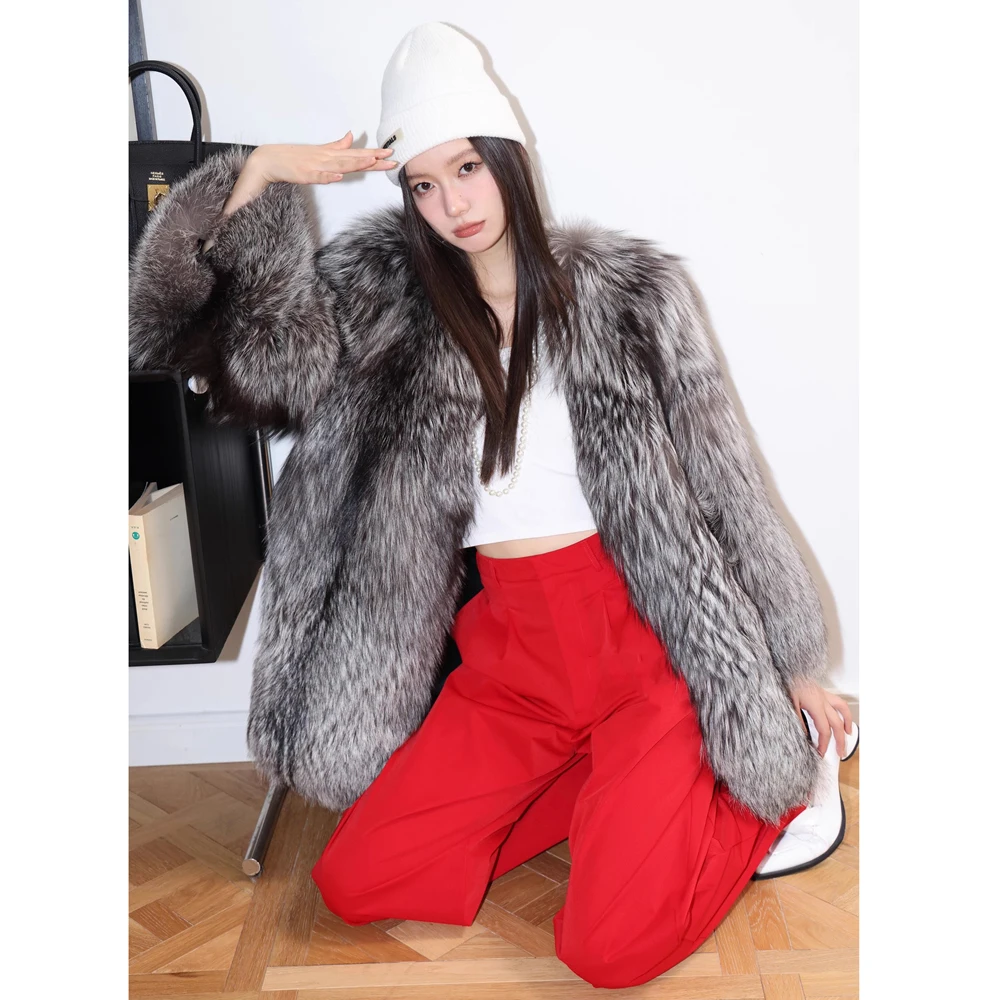 Women's fur coat Autumn-winter silver fox whole skin fox fur medium long thick long fur coat warm casual trench coat