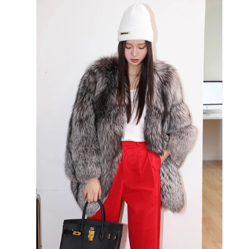 Women's fur coat Autumn-winter silver fox whole skin fox fur medium long thick long fur coat warm casual trench coat