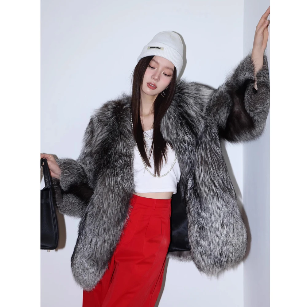Women's fur coat Autumn-winter silver fox whole skin fox fur medium long thick long fur coat warm casual trench coat